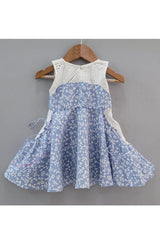 White And Blue Floral Printed Cotton Frock - Picco Ricco 